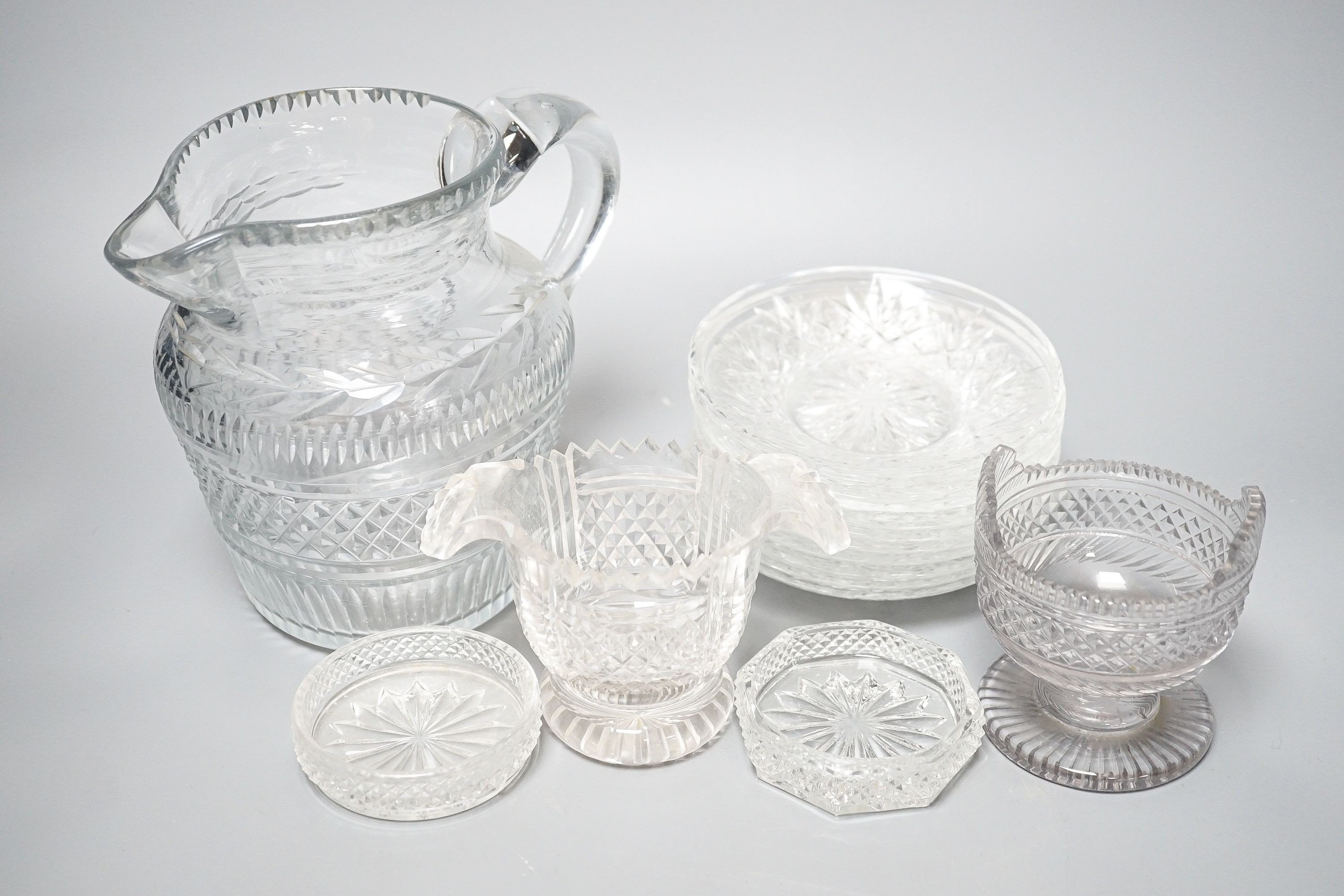 19th century and later deep cut glassware, including a set of six rinsers with turnover handles, 8cm high